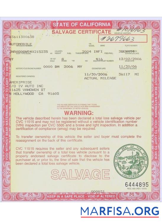 Printable USA California salvage certificate real example